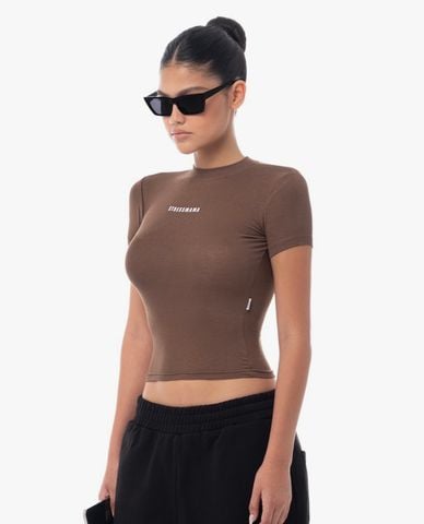  STRESSMAMA - Áo thun nữ cổ tròn tay ngắn phom ôm in logo 