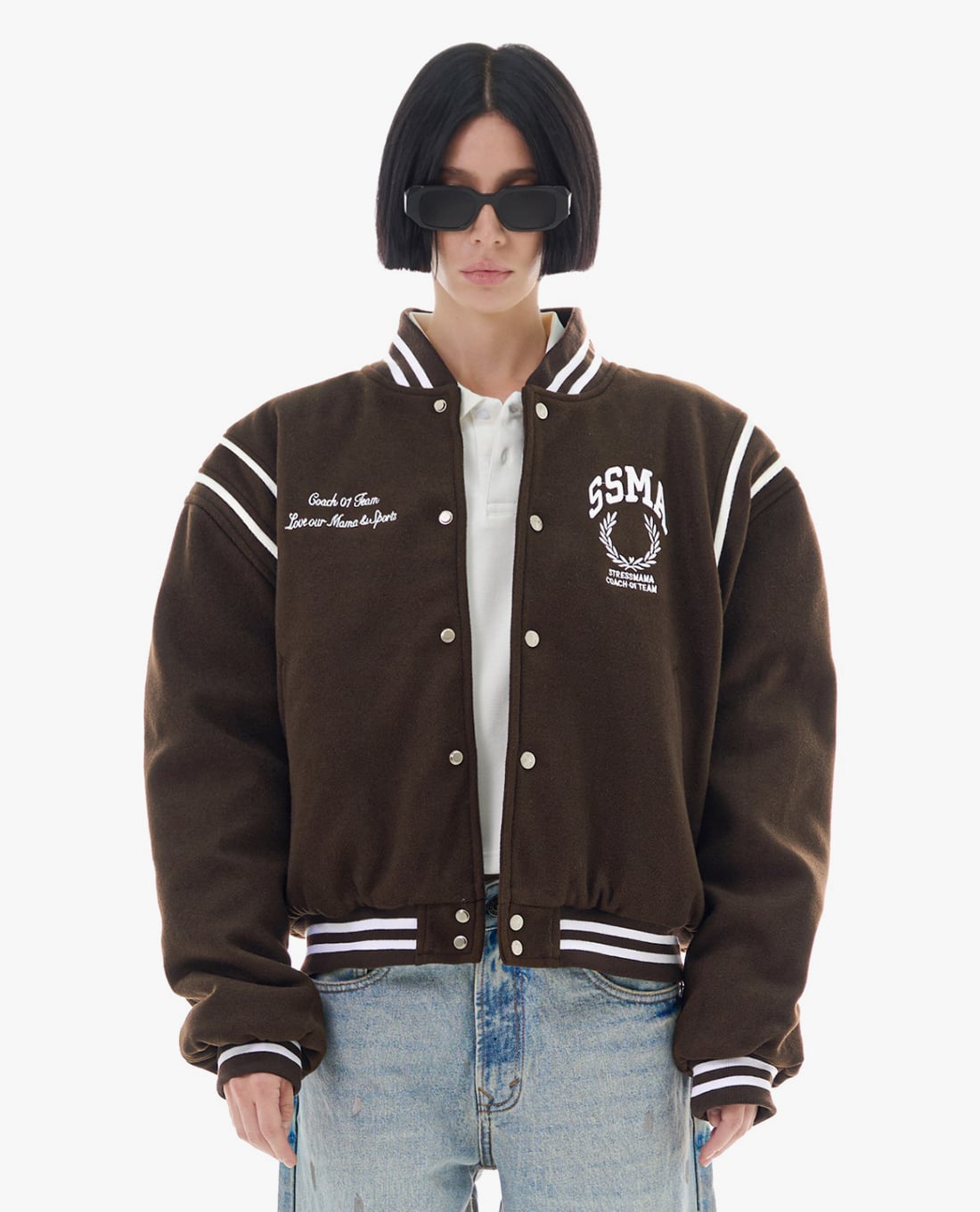 STRESSMAMA - Áo khoác bomber unisex cổ V tay dài Varsity