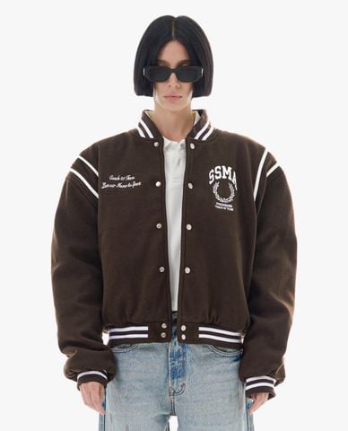  STRESSMAMA - Áo khoác bomber unisex cổ V tay dài Varsity 
