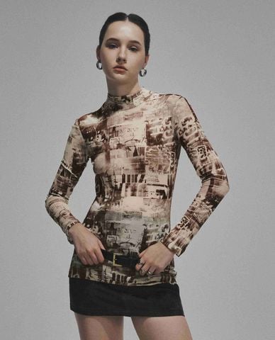  DEZUS - Áo kiểu nữ cổ cao tay dài in họa tiết Zayny 