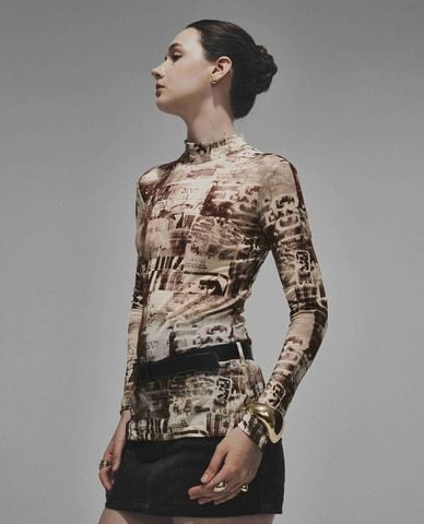  DEZUS - Áo kiểu nữ cổ cao tay dài in họa tiết Zayny 