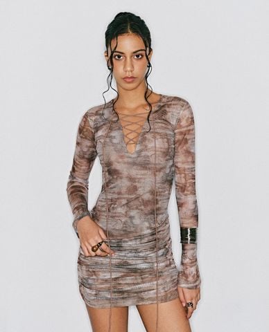  DEZUS - Đầm body mini tay dài thắt dây Egance 