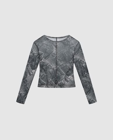  URBAN REVIVO - Áo croptop nữ cổ tròn tay dài họa tiết denim 