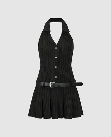  URBAN REVIVO - Đầm sát nách mini xếp li phối thắt lưng 