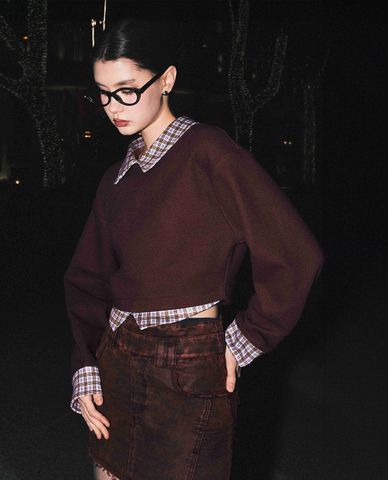  DEZUS - Áo croptop nữ tay dài phối cổ sơ mi Stargaze 