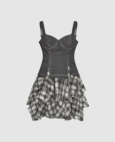  URBAN REVIVO - Đầm hai dây mini xếp tầng sọc caro 