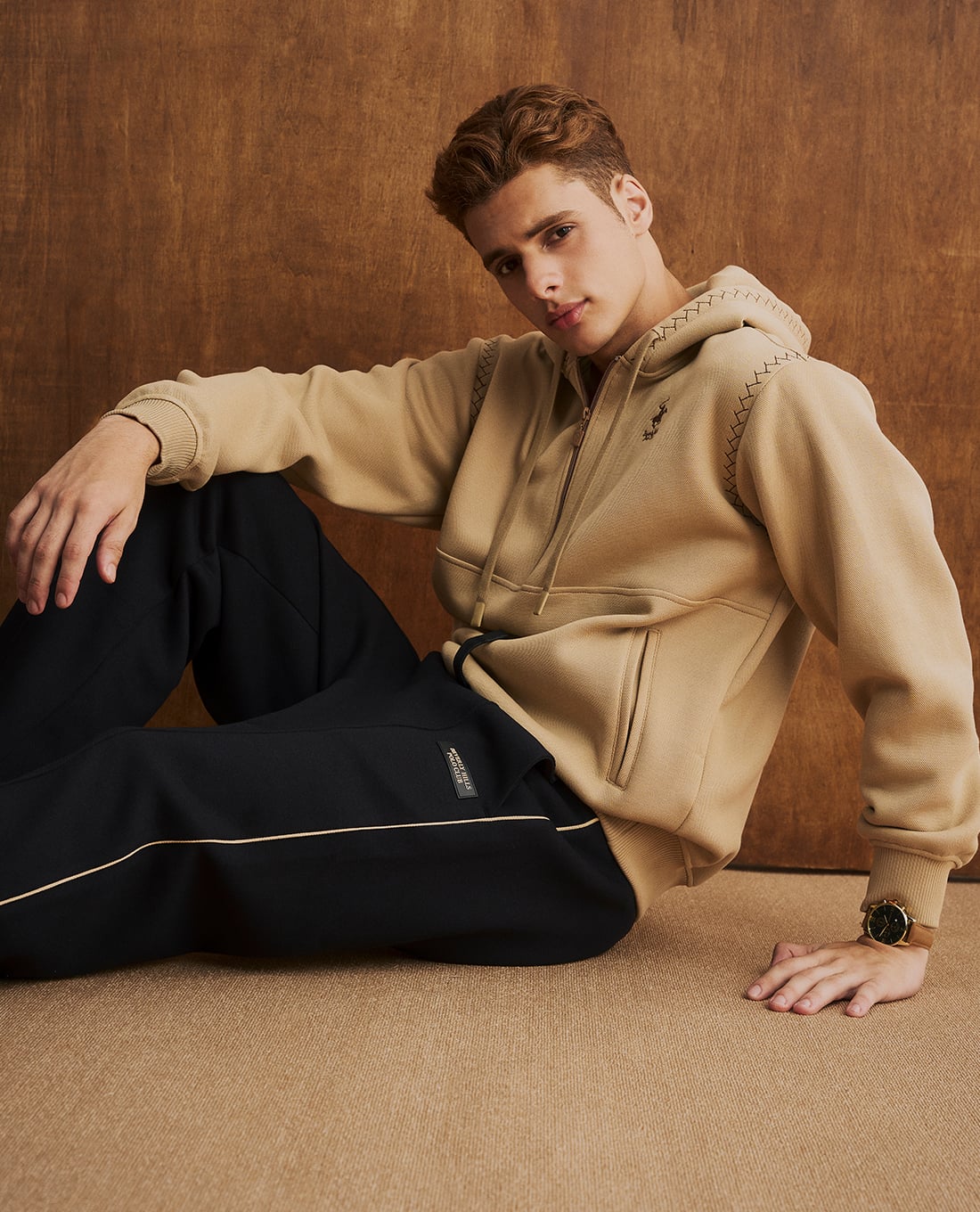 Beverly Hills Polo Club áo hoodie nam tay dài phối khóa zip màu kem