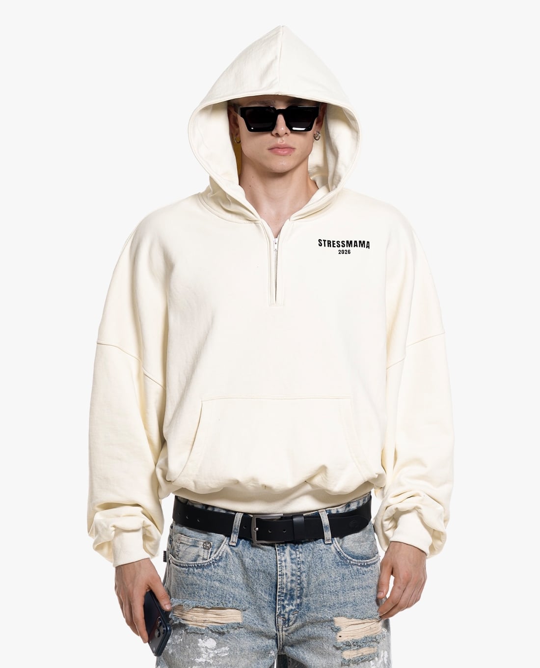 STRESSMAMA - Áo hoodie unisex tay dài phối zip Curated