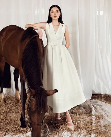  LARMES - Đầm sát nách midi cổ V kèm thắt lưng Taylor 