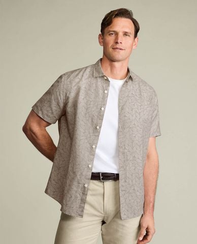  CHARLES TYRWHITT - Áo sơ mi nam cổ bẻ tay ngắn họa tiết lá 