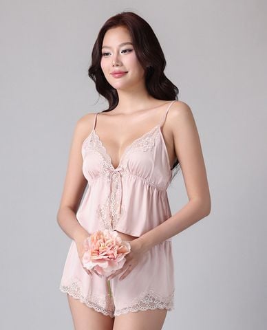  VERA BY CHIPU - Bộ quần áo nữ ngắn mặc nhà satin trơn phối ren 