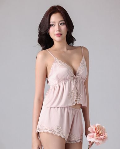  VERA BY CHIPU - Bộ quần áo nữ ngắn mặc nhà satin trơn phối ren 