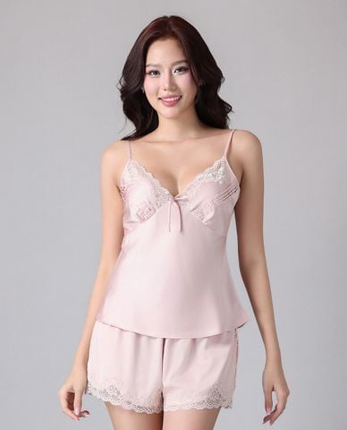  VERA BY CHIPU - Bộ quần áo nữ ngắn mặc nhà satin trơn phối ren 