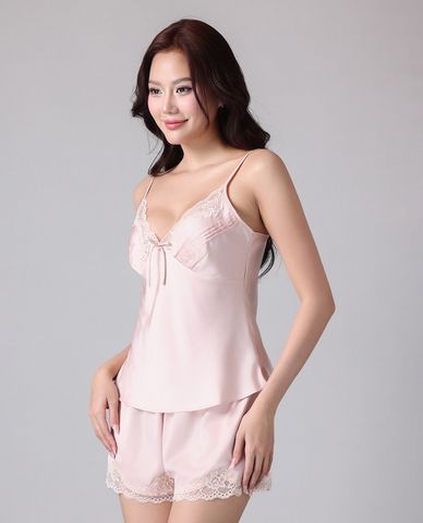  VERA BY CHIPU - Bộ quần áo nữ ngắn mặc nhà satin trơn phối ren 