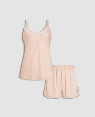  VERA - Bộ quần áo nữ ngắn mặc nhà hai dây phối ren satin trơn 