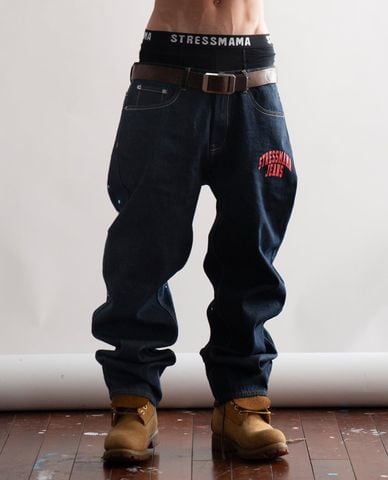  STRESSMAMA - Quần jeans unisex ống rộng vẩy sơn thêu họa tiết 