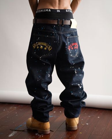  STRESSMAMA - Quần jeans unisex ống rộng vẩy sơn thêu họa tiết 