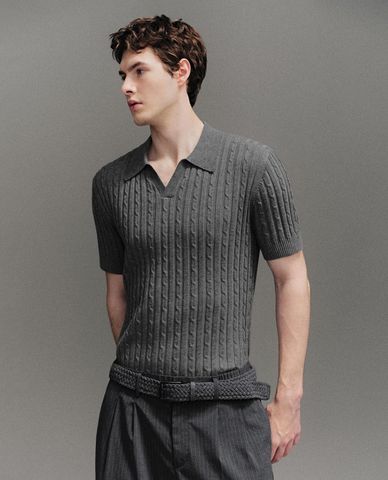  URBAN REVIVO - Áo dệt kim nam cổ bẻ tay ngắn 