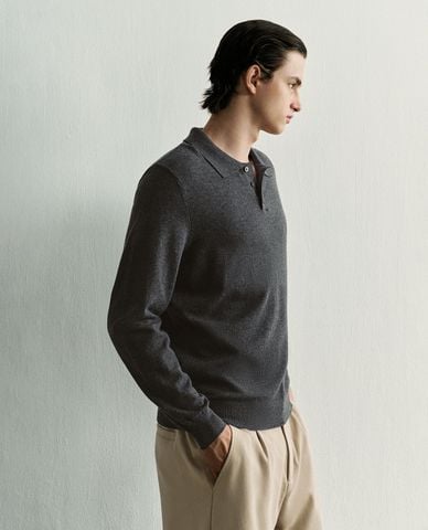  URBAN REVIVO - Áo polo nam dệt kim cổ bẻ tay dài 