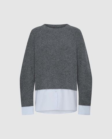  URBAN REVIVO - Áo dệt kim nữ cổ tròn tay dài phối sơ mi 