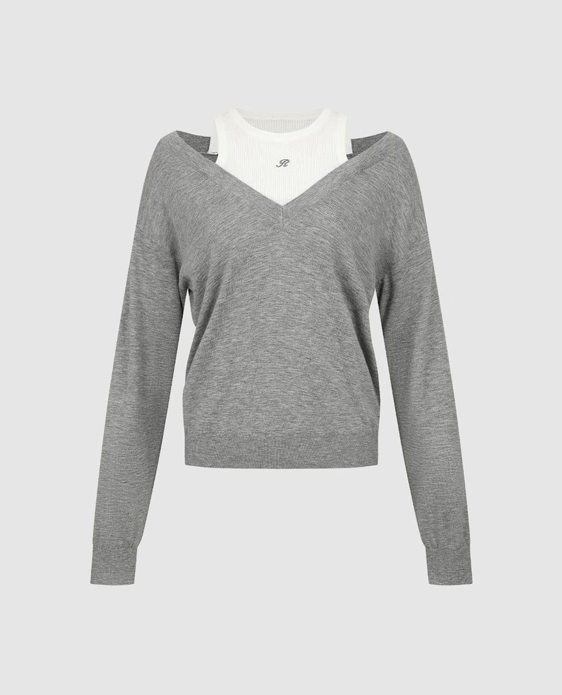 URBAN REVIVO - Áo dệt kim nữ cổ V tay dài phối layer