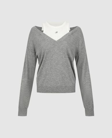  URBAN REVIVO - Áo dệt kim nữ cổ V tay dài phối layer 