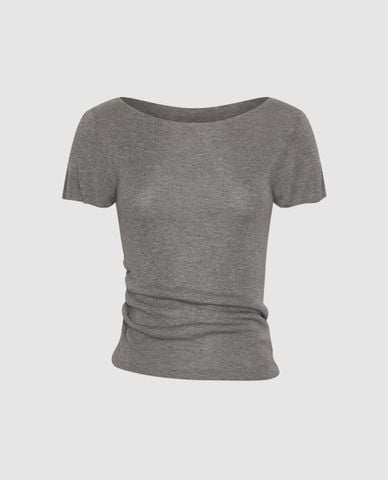  URBAN REVIVO - Áo dệt kim nữ cổ thuyền tay ngắn phom ôm 