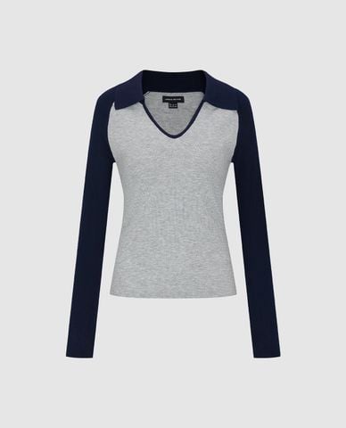  URBAN REVIVO - Áo dệt kim nữ cổ bẻ tay dài phối viền 