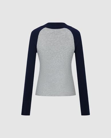  URBAN REVIVO - Áo dệt kim nữ cổ bẻ tay dài phối viền 