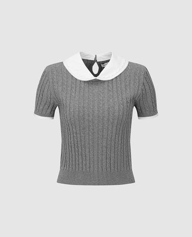  URBAN REVIVO - Áo dệt kim nữ cổ Peter Pan tay ngắn 