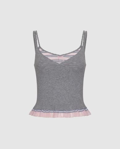  URBAN REVIVO - Áo hai dây nữ dệt kim phối viền bèo nhún 