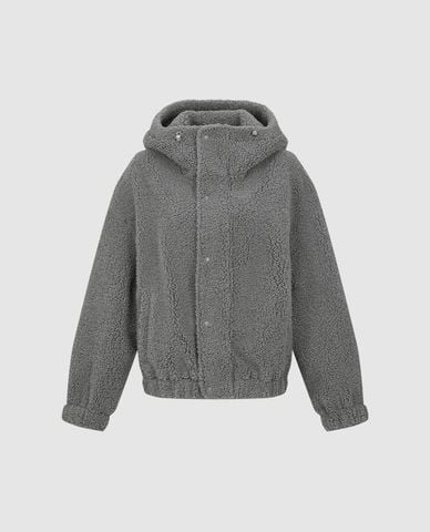  URBAN REVIVO - Áo khoác lông nữ phối mũ phom rộng 