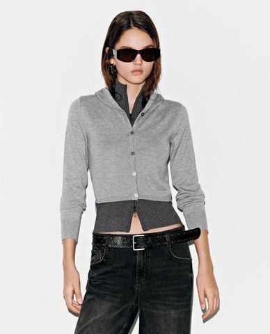  URBAN REVIVO - Áo khoác dệt kim nữ phối mũ phom ôm 