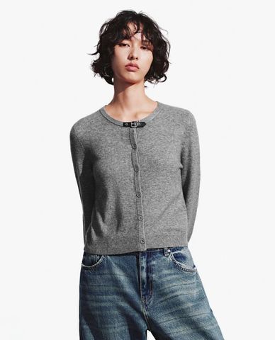  URBAN REVIVO - Áo khoác cardigan nữ cổ tròn tay dài phối khoá 