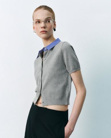  URBAN REVIVO - Áo dệt kim nữ cổ bẻ tay ngắn cá tính 