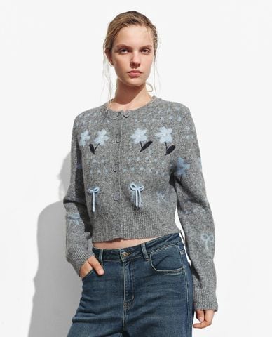  URBAN REVIVO - Áo khoác cardigan nữ cổ tròn phối họa tiết 