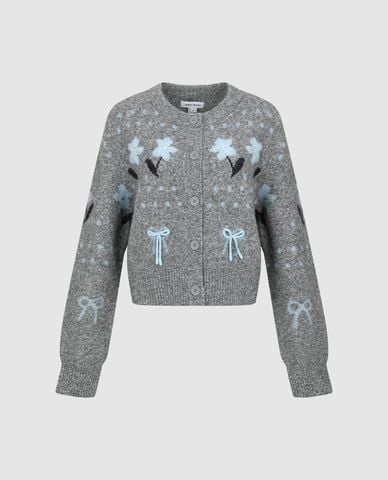  URBAN REVIVO - Áo khoác cardigan nữ cổ tròn phối họa tiết 