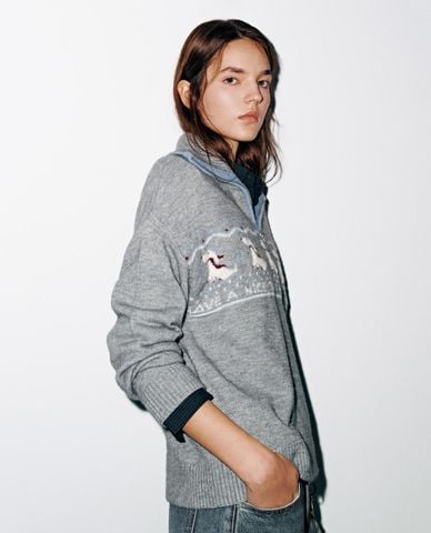  URBAN REVIVO - Áo dệt kim nữ tay dài phối khóa zip 