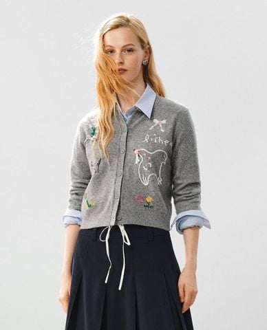  URBAN REVIVO - Áo khoác cardigan nữ tay dài thêu họa tiết 