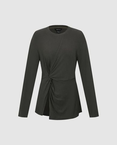  URBAN REVIVO - Áo kiểu nữ cổ tròn tay dài xoắn eo 