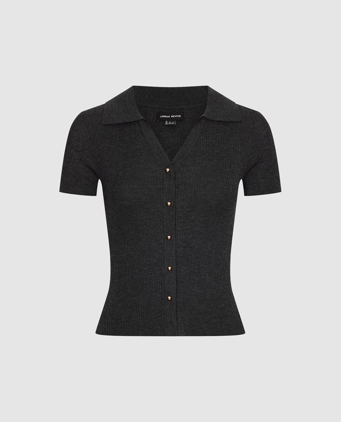 URBAN REVIVO - Áo dệt kim nữ cổ bẻ tay ngắn phối nút