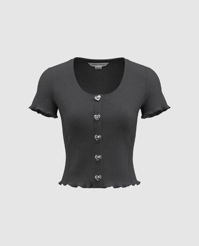  URBAN REVIVO - Áo dệt kim nữ tay ngắn khuy trái tim 