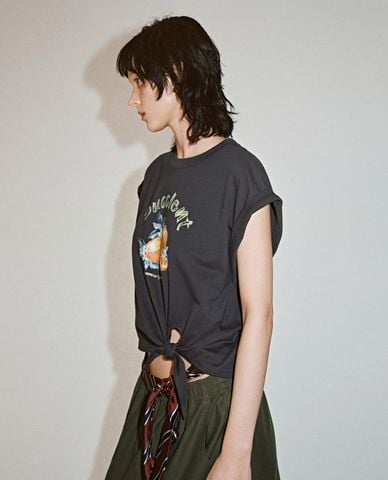  URBAN REVIVO - Áo kiểu nữ cổ tròn tay ngắn buộc vạt 