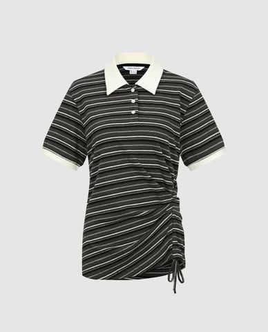  URBAN REVIVO - Áo polo nữ cổ bẻ tay ngắn kẻ sọc 