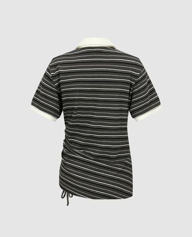  URBAN REVIVO - Áo polo nữ cổ bẻ tay ngắn kẻ sọc 