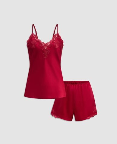  VERA - Bộ quần áo nữ ngắn mặc nhà hai dây phối ren satin trơn 