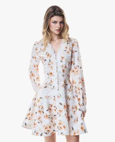  GIGI - Đầm mini cổ V tay phồng in hoa phối ren 