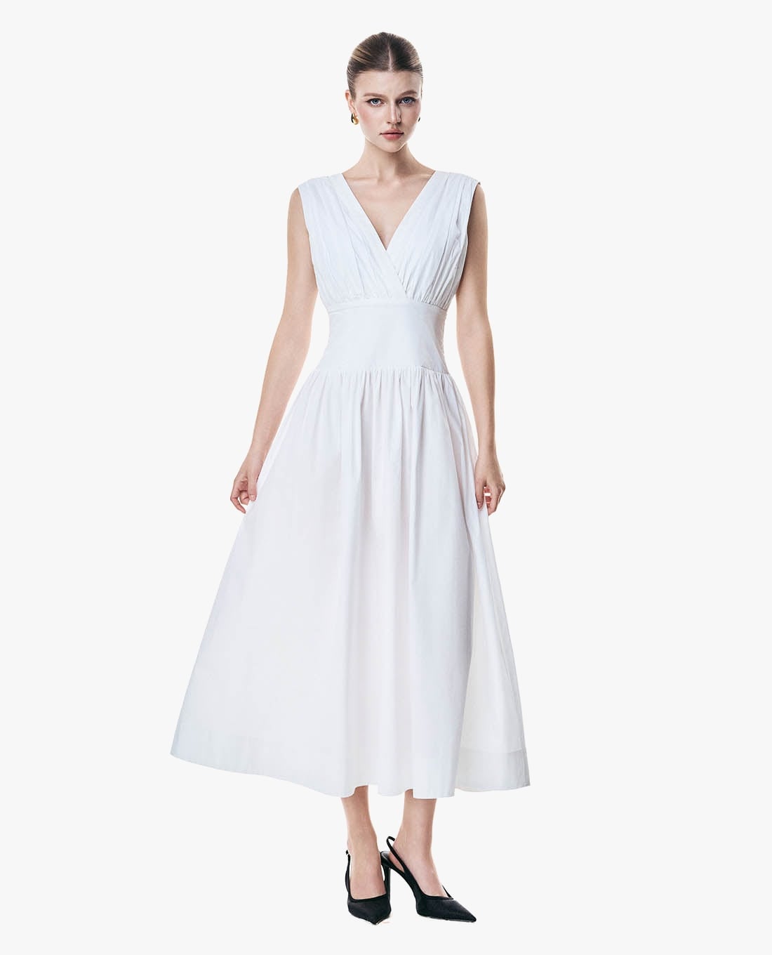 GIGI - Đầm sát nách midi cổ V xếp li chiết eo
