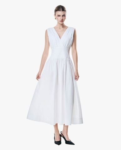  GIGI - Đầm sát nách midi cổ V xếp li chiết eo 