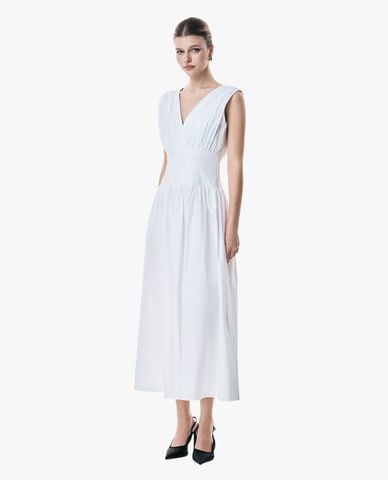  GIGI - Đầm sát nách midi cổ V xếp li chiết eo 